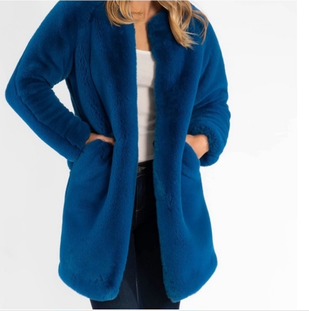 Kut From The Kloth Midnight Blue Faux Fur Midi coat Size Small  NWT - Picture 2 of 15